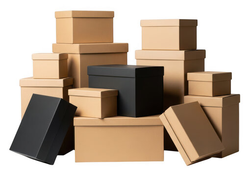 Stack of cardboard boxes and black storage boxes isolated on transparent background