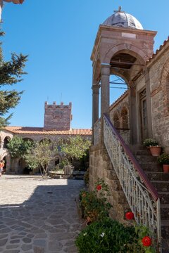 Courtyard in Ipsilou Monastery in the western part of Lesbos island, Greece.
