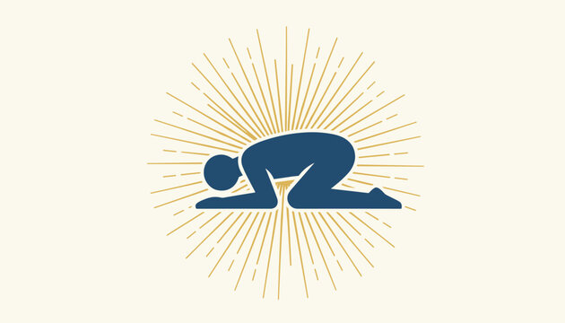 Silhouette of a person prostrating in prayer or meditation with a golden sunburst background, depicting spirituality.