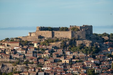 Residential buildings and the castle in Molivos on northern Lesbos island, Greece. © leiing