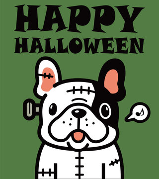 Flat vector illustration of a funny zombie French bulldog with stitches and a bolt under Happy Halloween typography. For holiday greeting cards and spooky party invitations.