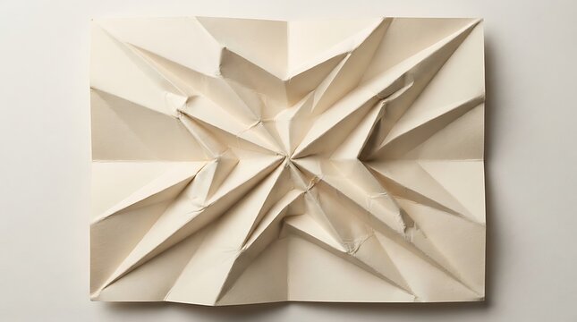 Abstract folded paper art in neutral tones creating a geometric starburst pattern