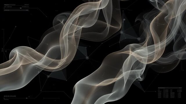 Abstract smoke wisps with ethereal glow interweave with digital network lines and data charts on a dark background, creating a modern, sophisticated graphic resource.