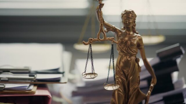 Lady Justice Statue with Scales and Legal Documents in Law Office