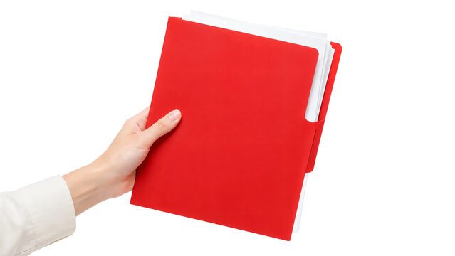 Hand holding red file folder with white documents isolated on transparent background