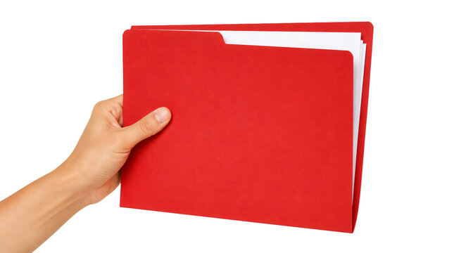 Hand holding red file folder with white documents isolated on transparent background
