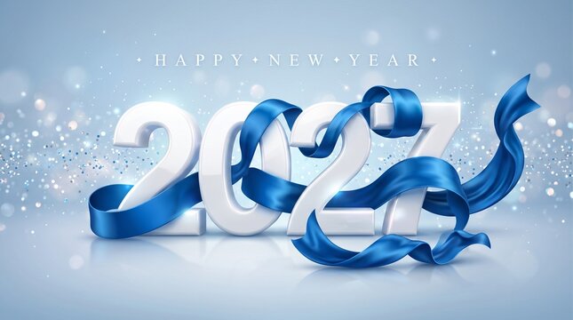 Happy new year 2021 greeting card design with white numbers and elegant blue silk ribbons on a soft light blue background with festive sparkles and confetti