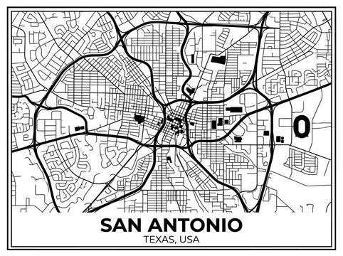 San Antonio Texas USA City Street Map Minimalist Black and White Vector Illustration