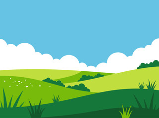 Obraz premium Rolling Green Hills Landscape Flat Vector Illustration with Blue Sky and Clouds