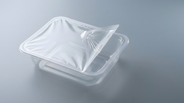 Clear empty plastic rectangular food container featuring partially peeled film lid on gray floor.