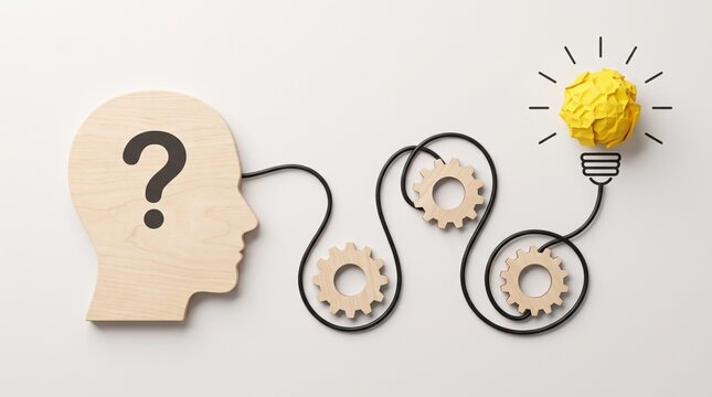 Problem Solving and Critical Thinking Concept with Human Profile, Question Mark and Interconnected Gears for Business Solutions