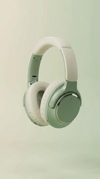 Pastel wireless headphones resting on a clean studio surface representing modern audio technology and personal music listening equipment with soft...
