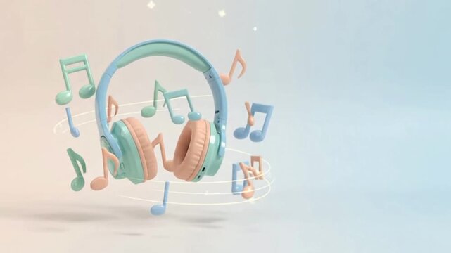 Pastel wireless headphones placed on a clean surface surrounded by music notes representing modern audio technology and personal entertainment equi...