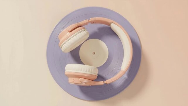 Pastel wireless headphones resting on a vintage vinyl record player in a minimalist studio setting with soft natural lighting and ample copy space...