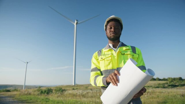 Serious African American engineer in safety helmet and reflective jacket standing near wind turbine. Examining construction details while working on renewable energy project. Holding blueprint.