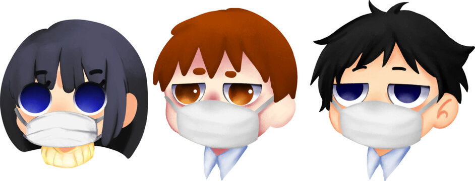 Cute anime characters wearing face masks set, group of people protecting against air pollution pm2.5 and virus illustration isolated on transparent background