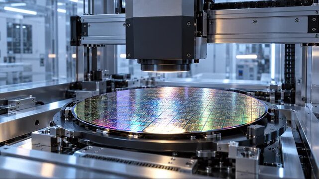 Automated robotic arm processing silicon wafer in cleanroom