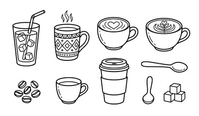 Fototapeta premium Hand Drawn Coffee Menu Cups Iced Coffee Latte Art Sugar Cubes Cute Doodle Vector Set