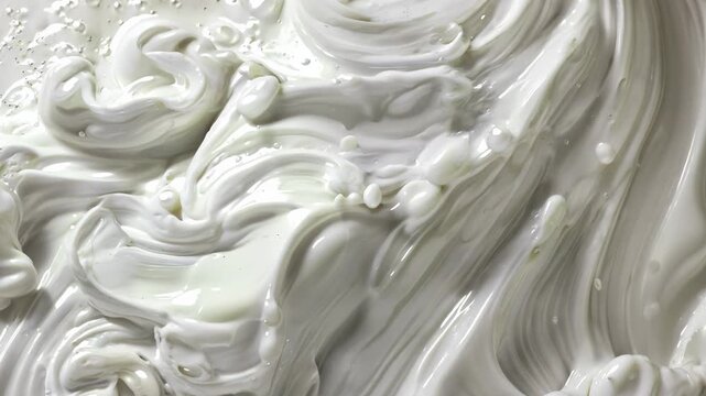 Glossy white cream swirling in smooth waves, thick dairy texture close up, clean minimal food background, luxurious cosmetic surface.