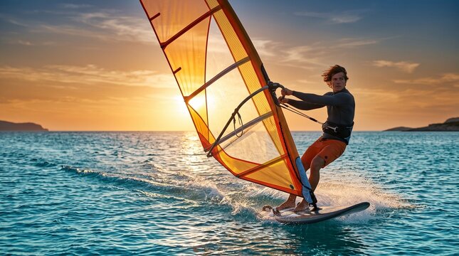 Single young adult female windsurfer carving fast across turquoise Mediterranean at sunset, large translucent amber sail side profile, S-curve diagonal wake premium sports