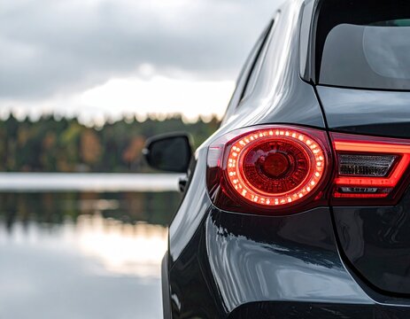Modern car LED taillight detail with circular red light design parked by scenic lake, automotive technology with natural landscape background.
