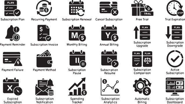 Collection of flat subscription service icons depicting payment renewal and account management options administration annual