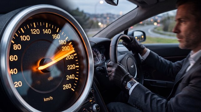 Fast Speedometer Needle in Luxury Car Dashboard