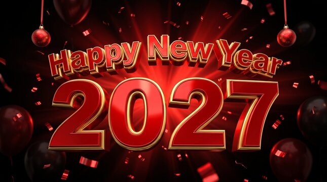 Happy new year 2027 greeting card with red 3d numbers and festive falling confetti on a dark background