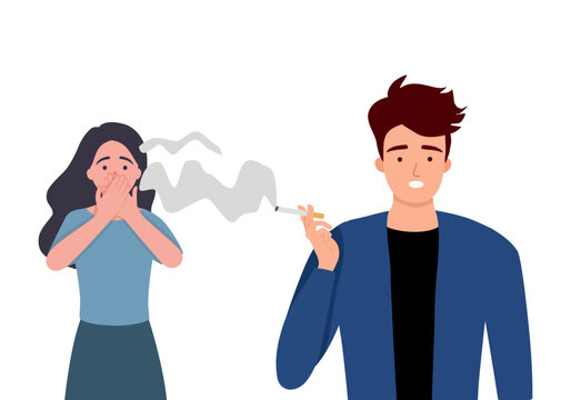 Woman annoying cigarette smoke in flat design on white background. Passive smoking