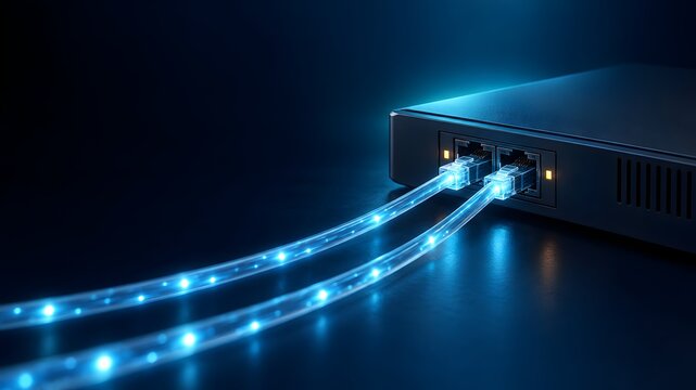 Glowing fiber optic cables connected to internet network switch router illustrating high speed telecommunication data transfer