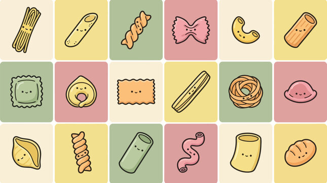 Cute hand drawn pasta shapes pattern with smiling faces on colorful square background tiles.