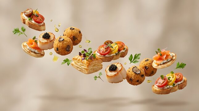A vibrant assortment of gourmet appitizers floating gracefully in the air on a neutral background
