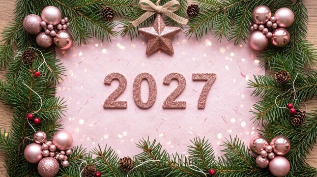 2027 new year sign with pink ornaments and green pine branches frame