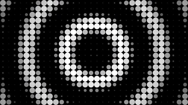 Monochromatic halftone concentric circles pulsating on dark background, concept for VJ loops, stage backdrops and graphic animation.