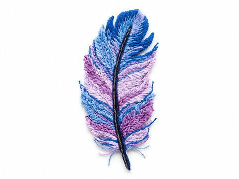 Colorful feather with blue, purple, and pink gradient watercolor effect on white background