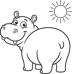 Fototapeta premium Cute cartoon hippopotamus looking back with a sun in the sky, coloring page for children