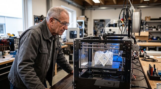 Senior man watching a working 3D printer creating a complex geometric plastic object in a workshop