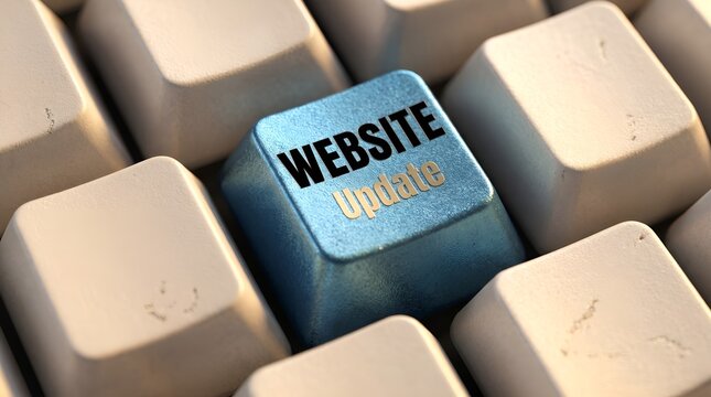Bright blue metallic keyboard button featuring black bold text website update surrounded by many plain white mechanical plastic keys today