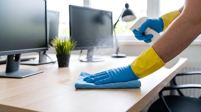 Diligent worker wearing bright yellow protective gloves wipes wooden office desk surface with blue microfiber cloth and antibacterial spray bottle