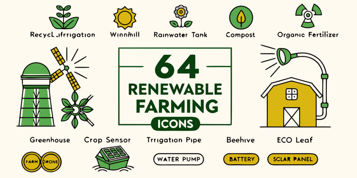 Set of sixty-four renewable farming including greenhouse, solar panel, wind turbine, irrigation pipe, and beehive on white background