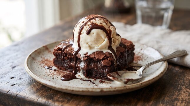 Chocolate brownie with vanilla ice cream scoop and chocolate sauce on a rustic plate