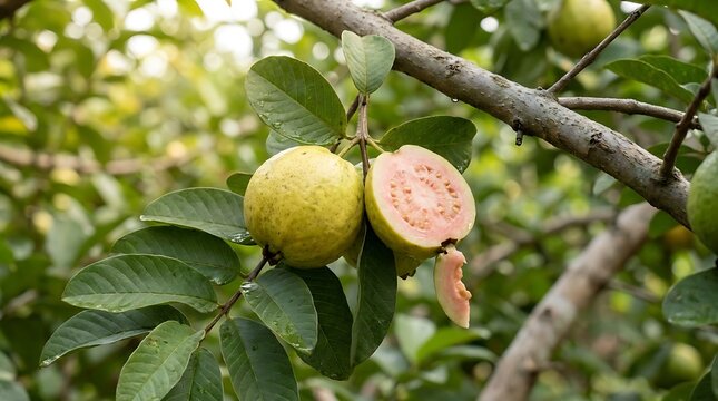 Fresh ripe pink guavas growing on a lush green tree branch in an organic orchard during daylight harvest season