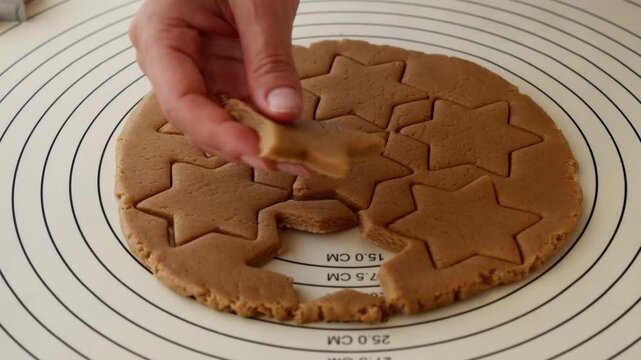 Close-up of woman removing star shaped gingerbread cookies from dough for Christmas baking.