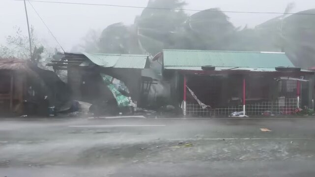 A close-up of a storm battering homes on a street with extreme winds.

