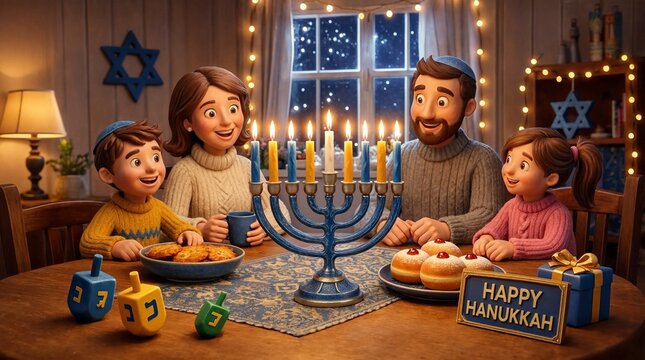 Happy family celebrating Hanukkah with a lit menorah at home