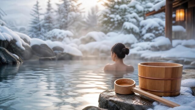 Snowy winter onsen bath with steam for wellness travel promotion