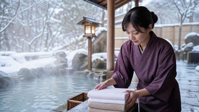 Winter onsen outdoor spa scene with towels and a woman in yukata