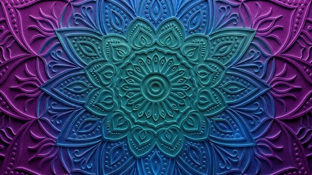 Intricate mandala pattern with embossed texture in vibrant purple and blue