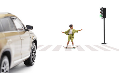 Kid riding a skateboard at a zebra crossing © Ljupco Smokovski