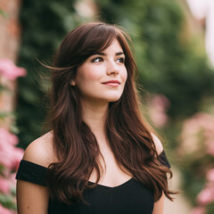 Obraz premium Young woman looking away, smiling in an elegant black dress, hair flowing in a garden with blooming pink flowers